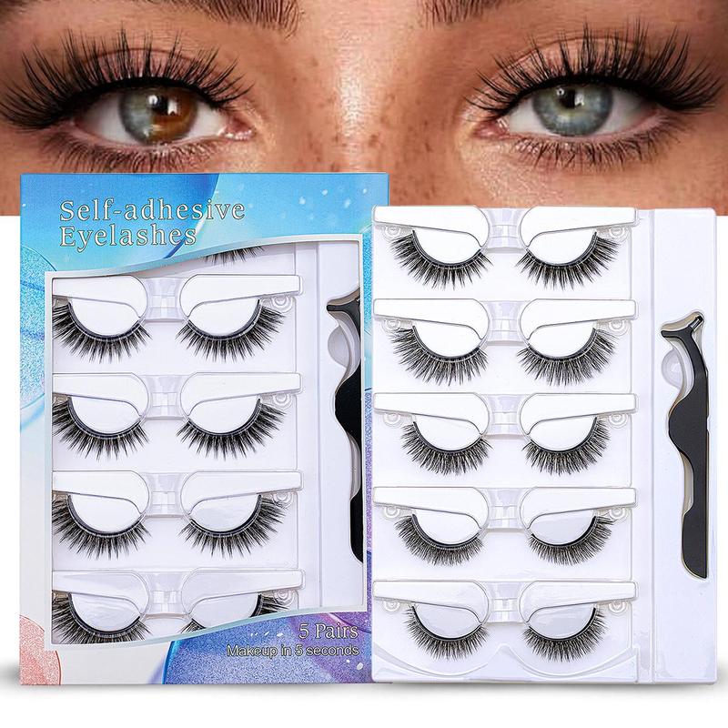 Reusable Self Adhesive Eyelashes, 5 Pairs Natural Fluffy False Eyelashes with Tweezers, Soft and Natural Look Lashes, Wispy Cat Eye Faux Cluster Lashes, Eye Makeup Products for Women and Girls