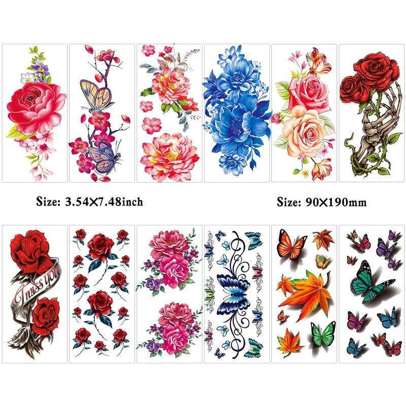 82 Sheets Flower Colorful Temporary Tattoo Stickers Rose, Butterfly and Multicolor Mixed Style Body Art Temporary Tattoos for Women, Girls and Kids