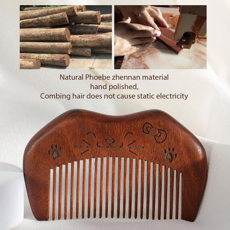 Wooden Cat Pattern Hair Comb, Portable Pocket Comb, Massage Comb, Scalp Massage Comb, Curly Hair Detangling & Styling Tool