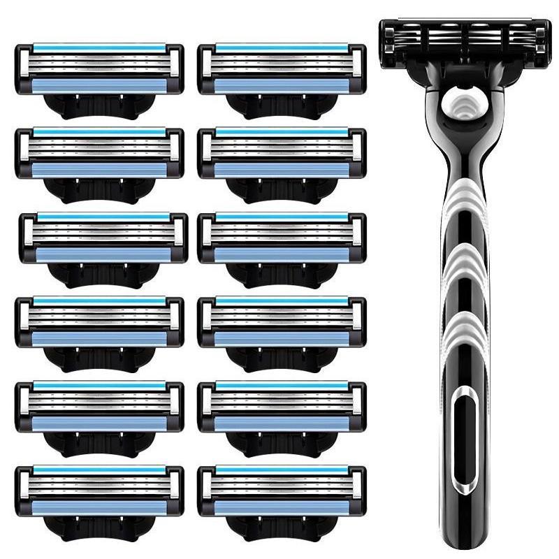 Men's 3-layer Razor & Blade, Manual Razor Holder & Replacement Head Blade, for Men's Daily Facial Care