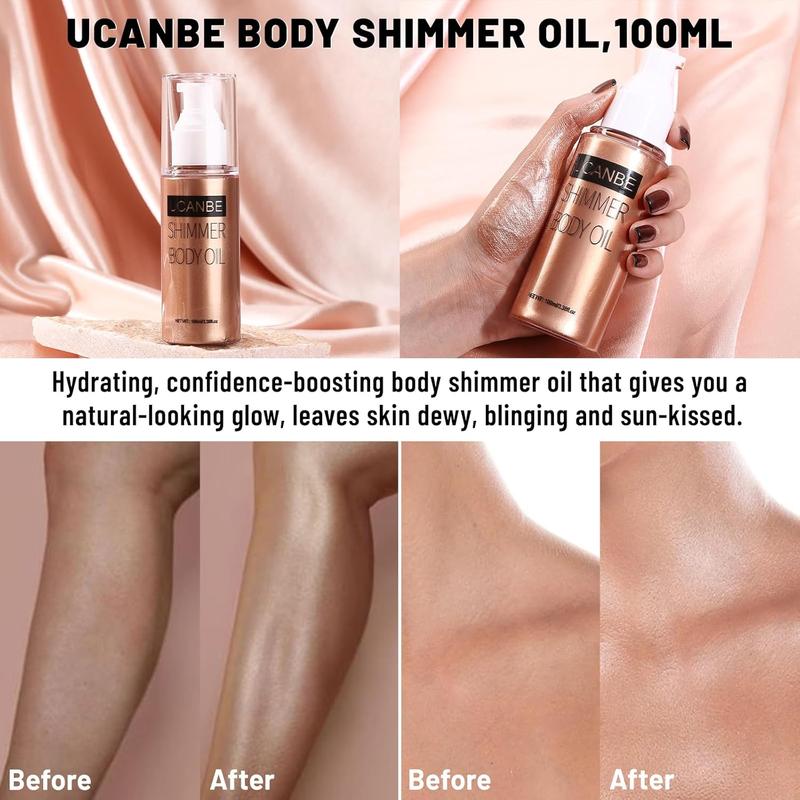 Body Shimmer Oil 100ml, Moisturizing Body Glow Glitter Oil, Waterproof Shimmering Body Luminizer Liquid Illuminator Highlighter, Tinted Shimmer Body Lotion Glowing Bronzer Makeup(Rose Gold)