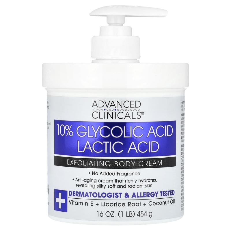 Advanced Clinicals 10% Glycolic Acid Lactic Acid Exfoliating Body Cream, 16 oz (454 g)