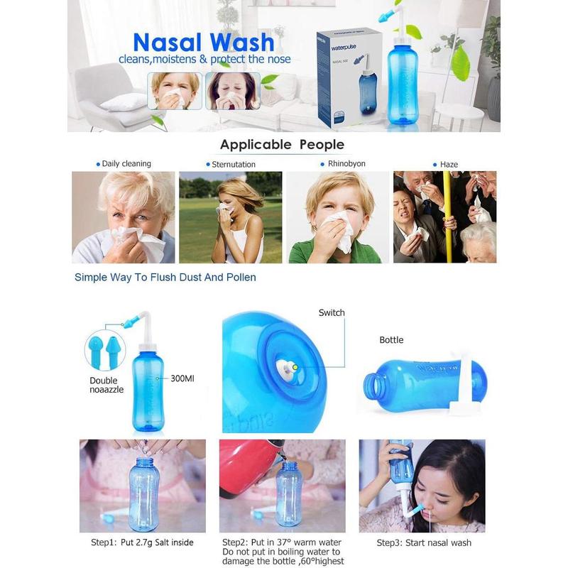 Carllg Neti Pot - Nasal Irrigation Wash Bottle with Sinus Rinse Salt for Adult & Kid (300ml Bottle with 30 Salt Packets)