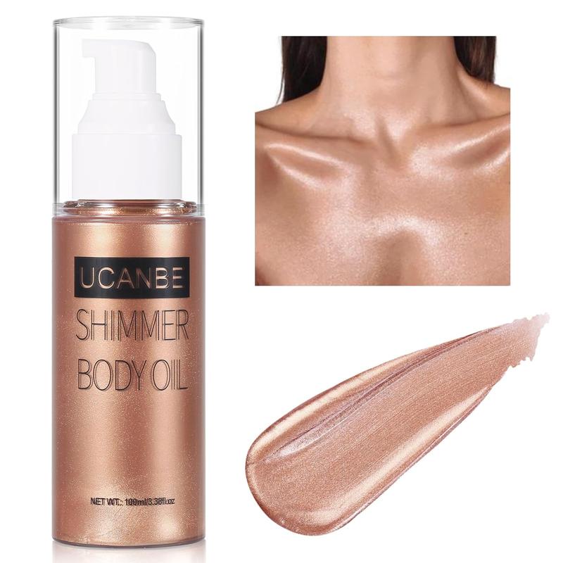 Body Shimmer Oil 100ml, Moisturizing Body Glow Glitter Oil, Waterproof Shimmering Body Luminizer Liquid Illuminator Highlighter, Tinted Shimmer Body Lotion Glowing Bronzer Makeup(Rose Gold)