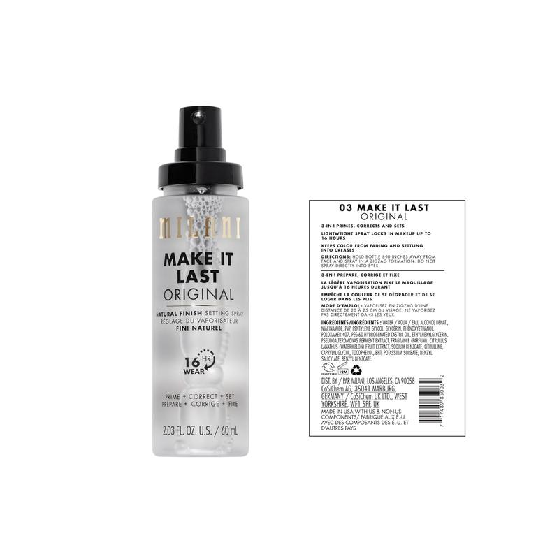 Milani Make It Last Setting Spray, Prime + Correct + Set, Natural Finish, 2.03 fl oz Flawless Long Lasting Makeup Niacinamide  Cosmetic Watermelon