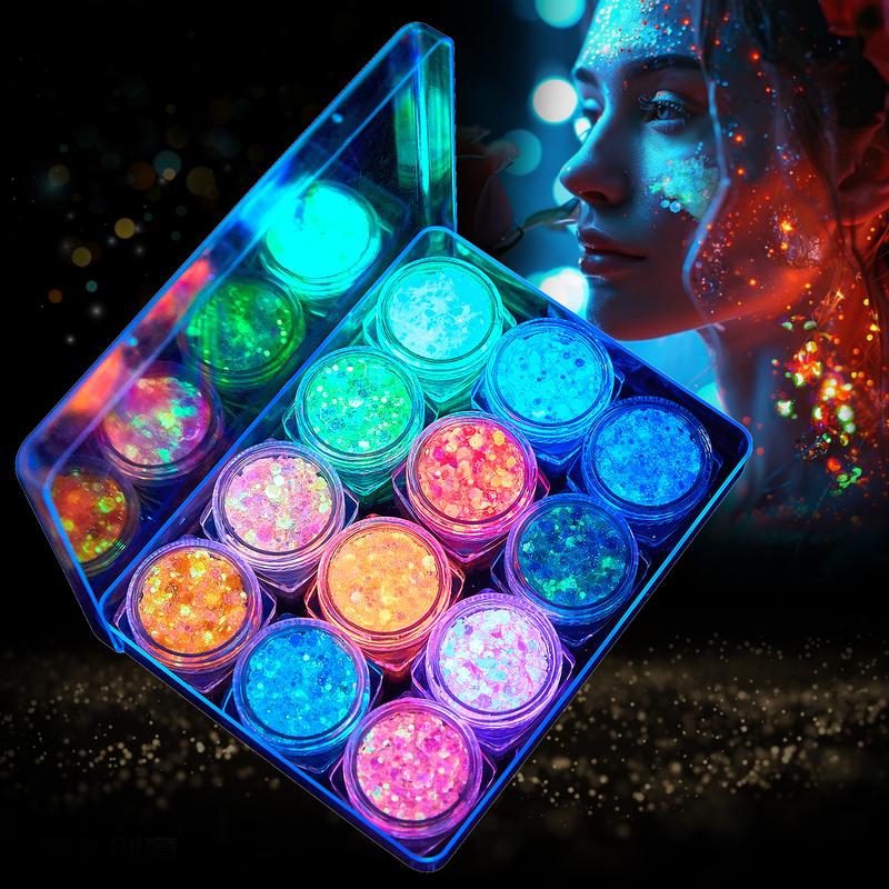 Glow in The Dark Glitter Gel for Women, 12 Colors Chunky Makeup Fine Glitter, UV Black Light Glitter for Body Face Hair Eyeshadow, Glitter for Carnival Party(144)