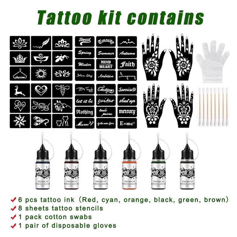 Temporary Tattoo Kit, 6 Colors Semi Permanent Makeup Freehand Inks, Freckles Gel for Art Markers, 8 Sheets Hollow Patterns Fake Tattoos Stencils