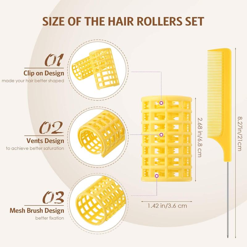 12 count Snap Hair Roller, Large Size Plastic Hair Rollers Hair Curlers with Rat Tail Comb for Long Hair Hairdressing Styling Tools(6.8 x 3.6 cm,Yellow)