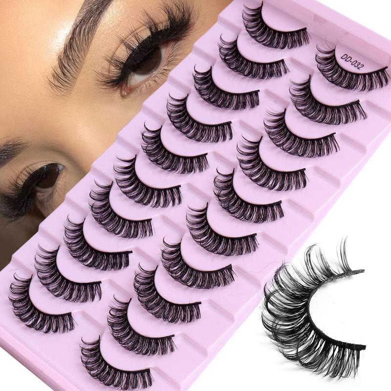 Russian Curled False Eyelashes, 10 Pairs Wispy Cluster Lashes, Natural Look Curl Eye Makeup Strip Lashes for Women & Girls Eye Extensions