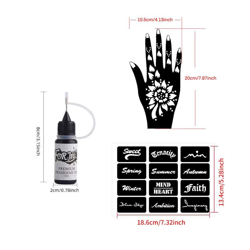 Temporary Tattoo Kit, 6 Colors Semi Permanent Makeup Freehand Inks, Freckles Gel for Art Markers, 8 Sheets Hollow Patterns Fake Tattoos Stencils