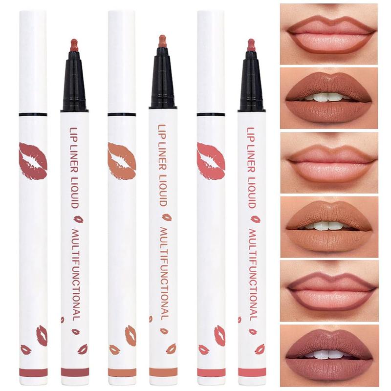 3Pcs Mocha Nude BeigeLip Stain Marker 2in1 Liquid Lipstick & Lip Liner Pencil Long Lasting Waterproof 24 Hour Original 24 HourLipstick Ink 03 + 05 + 07