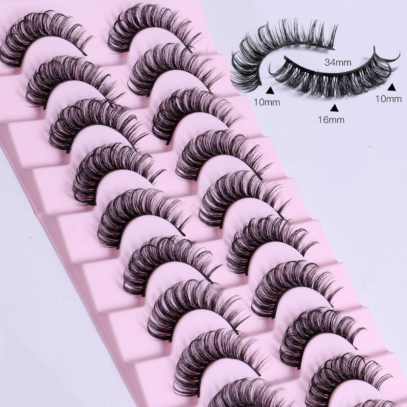 Russian Curled False Eyelashes, 10 Pairs Wispy Cluster Lashes, Natural Look Curl Eye Makeup Strip Lashes for Women & Girls Eye Extensions