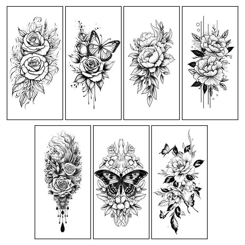 Floral & Butterfly Pattern Tattoo Sticker, 7pcs Temporary Tattoo For Women & Men, Waterproof Fake Tattoo Sticker, Body Art Sticker