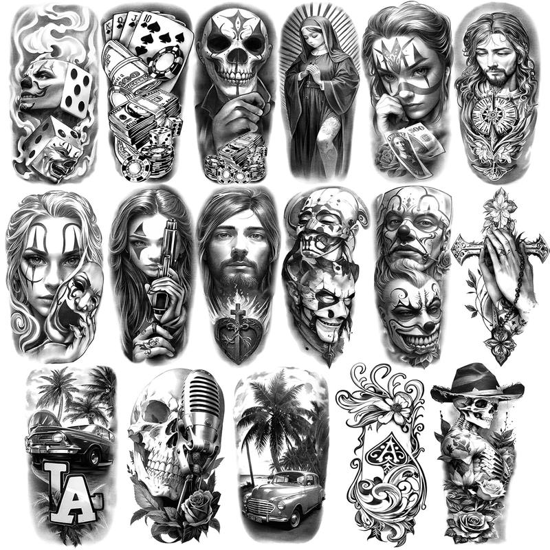 Waterproof Temporary Tattoos For Adult, Chicano Large   Guadalupe Gangster Prisoner Day of the Dead, Lowrider Style Culture Mexico Clown 77 sheets  Stickers for Men Women Flower