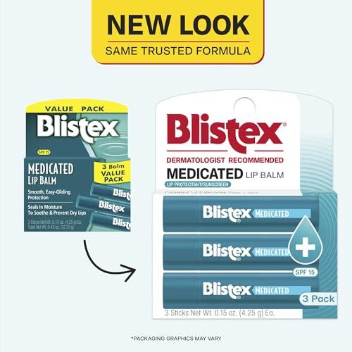 Blistex Medicated Lip Balm, 0.15 Ounce, 3 Count (Pack of 1) Prevent Dryness & Chapping, SPF 15 Sun Protection, Seals in Moisture, Hydrating Lip Balm, Easy Glide Formula for Full Coverage