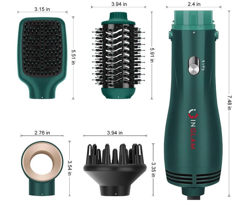 IG INGLAM Hair Dryer Brush, 4-in-1 Detachable Blow Dryer Brush, Ionic Diffuser Hair Dryer & Styler Volumizer with Oval Titanium Barrel, One-Step Hot Air Blowout Brush, Updated Push Switch, Dark Green