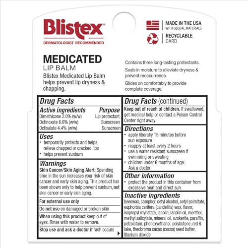 Blistex Medicated Lip Balm, 0.15 Ounce, 3 Count (Pack of 1) Prevent Dryness & Chapping, SPF 15 Sun Protection, Seals in Moisture, Hydrating Lip Balm, Easy Glide Formula for Full Coverage