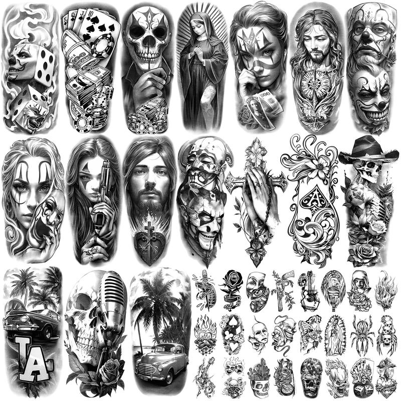 Waterproof Temporary Tattoos For Adult, Chicano Large   Guadalupe Gangster Prisoner Day of the Dead, Lowrider Style Culture Mexico Clown 77 sheets  Stickers for Men Women Flower