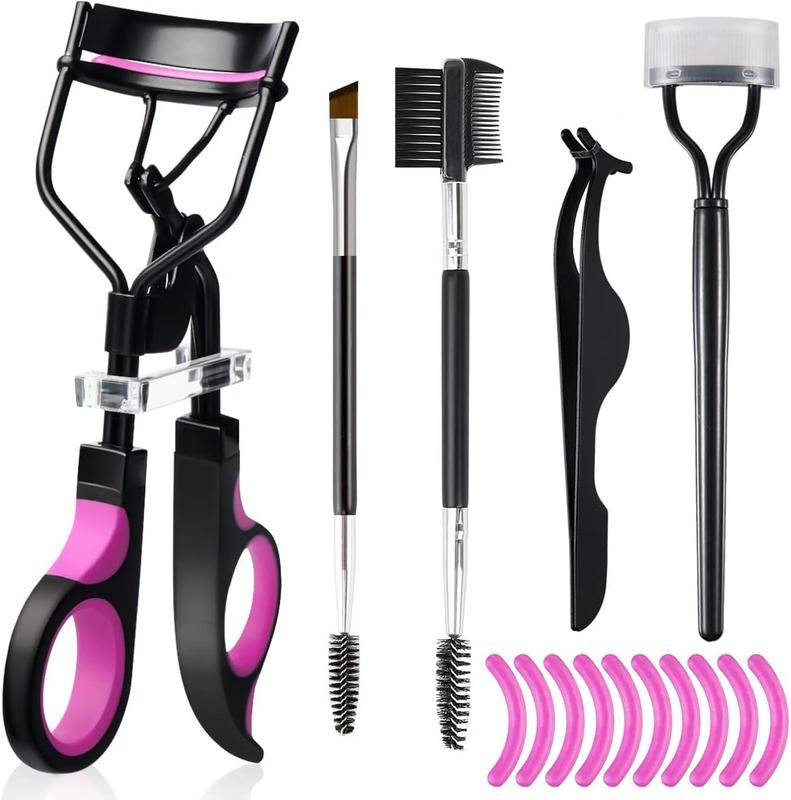 Eyebrow Brush Kit with Lash Curler and Extension Tweezers for Women - 10 Silicone Refills Pads Included