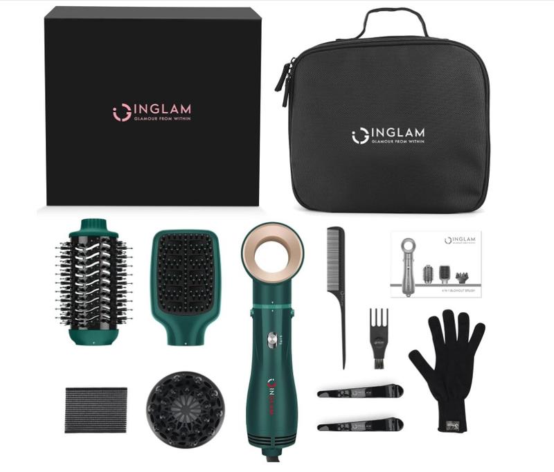 IG INGLAM Hair Dryer Brush, 4-in-1 Detachable Blow Dryer Brush, Ionic Diffuser Hair Dryer & Styler Volumizer with Oval Titanium Barrel, One-Step Hot Air Blowout Brush, Updated Push Switch, Dark Green