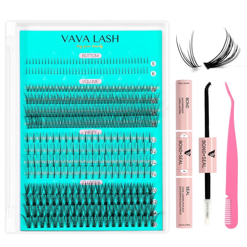 Natural Individual Lash Clusters Kit Multi-type Mixed DIY Eyelash Extension:Bottom Lashes, Volume Lashes, 7D Wispy Spikes Fans, 20D Clusters, Bond&Seal, Lash Tweezer DIY at Home (5-16mm, Kit)