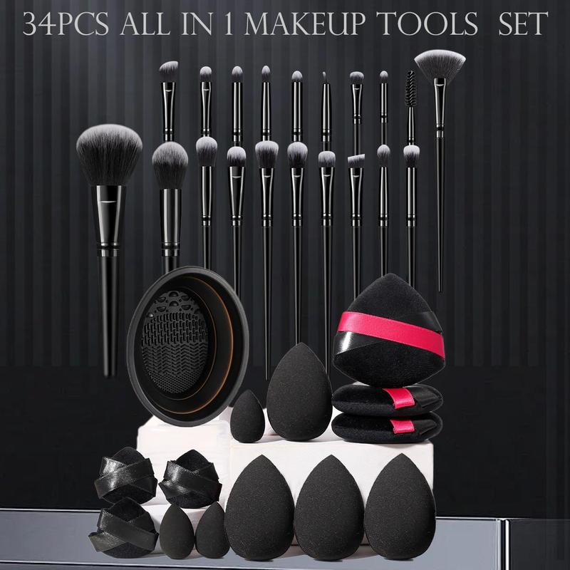 Professional Makeup Tool Set, 34pcs set Makeup Brush & Puff & Sponge & Brush Cleaning Pad, Multifunctional Makeup Tool for Women & Girls Daily Use