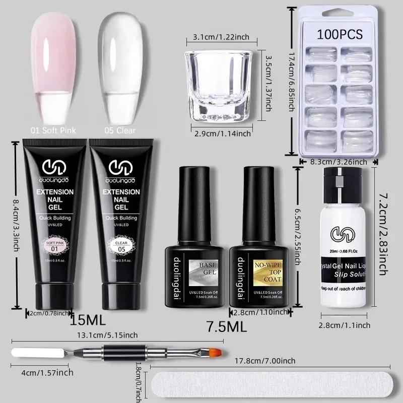 Poly Nail Art & Nail Care Extension Gel Kit, 1 Set 2-Color Builder Gel Nail Extension Kit Including Top Coat & Base Coat & Clear False Nails, Nail Kit