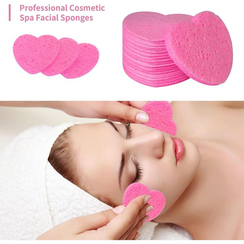 50-Count Facial Sponges Compressed Natural Cellulose Sponge Heart Shape Face Sponge for Face Cleansing Exfoliating and Makeup Removal, Pink Skincare Comfort