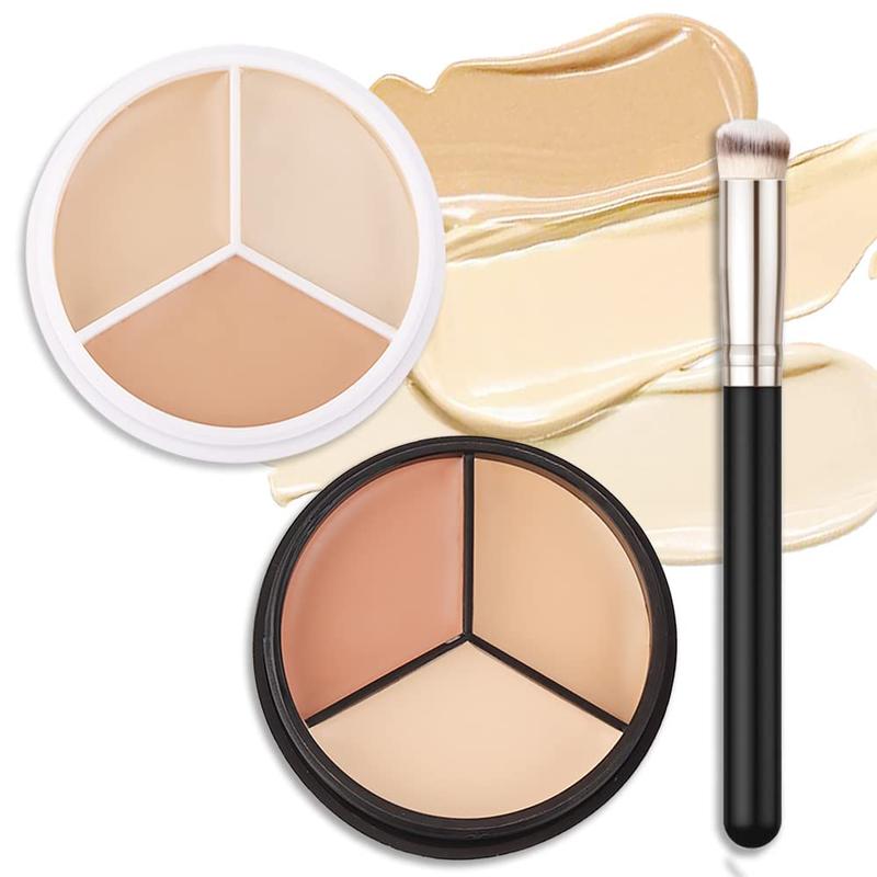 2 pcs Tri-color Face Concealer Contour Palette With Brush for Light Medium Skin. Correct Cream Foundation Palet for Under Eye Dark Circles Eyelid Tattoo. Ivory Cream Makeup Plate corrector de ojeras