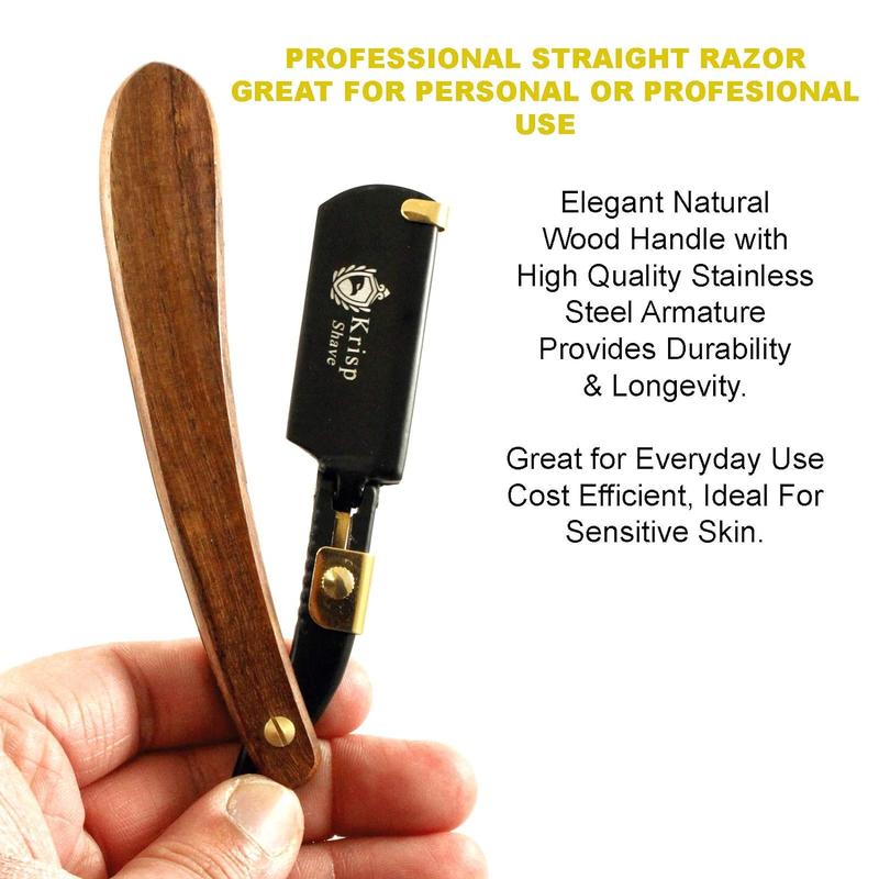 Barber Salon Quality Stainless Steel Straight Edge Shaving Razor - Professional Wet Shave Manual Shavette Razor for Men with Krisp Beauty Natural Wood Handle - Includes 5 Double Edge Blades for Safety and Comfort Smooth