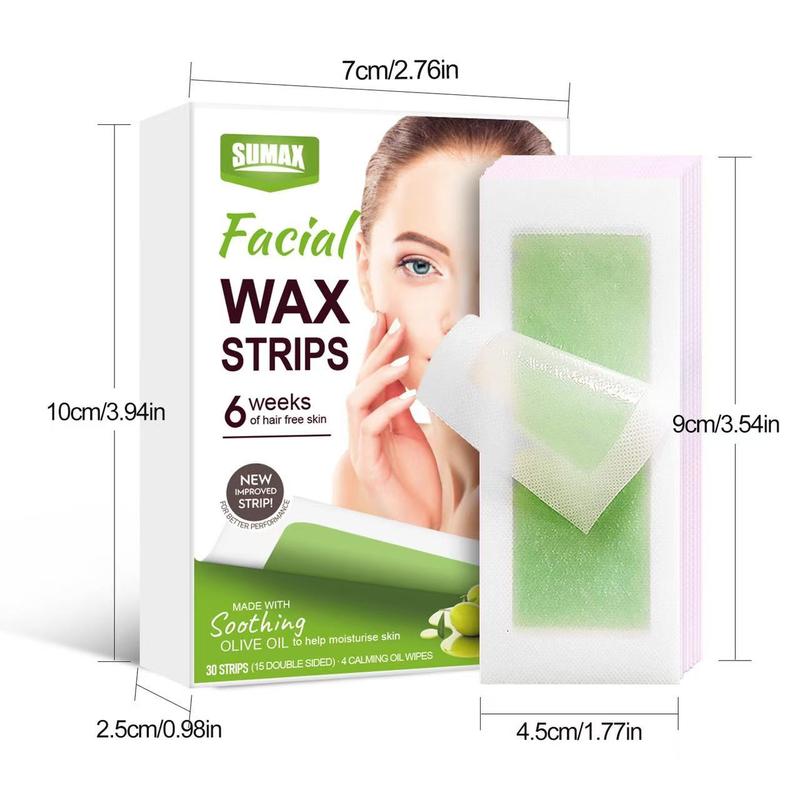 SUMAX Epilator Wax Strips, Men's and Women's Wax for Face and Bikini, 30 Olive Oil Wax Papers + 4 Calming Oil Wipes