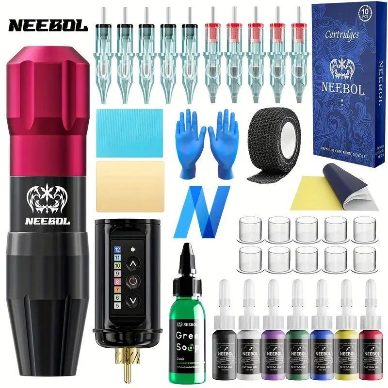 4 colors Tattoo Pen Kit-Tattoo Kit with 20Pcs Tattoo Needles Cartridge, Tattoo Machine Kit with Wireless Tattoo Power Supply and Tattoo Pen, Tattoo Gun Kit for Beginners