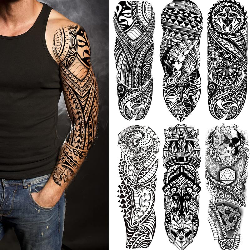 Fake Totem Sleeve Tattoos Stickers 6-Sheet Full Arm Tribal Totem Temporary Tattoos Sleeves for Adult Women Makeup