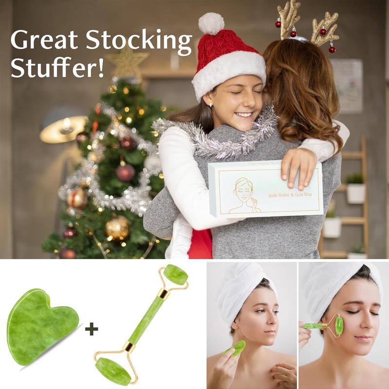 Gua Sha & Jade Roller Facial Tools Face Balm Roller and Cua Sha and Jade Roller Set for Reduces Puffiness and Redness Reducing SkinCare Routine, GuaSha Stone Self Care Gift for MenWomen, Christmas Gifts