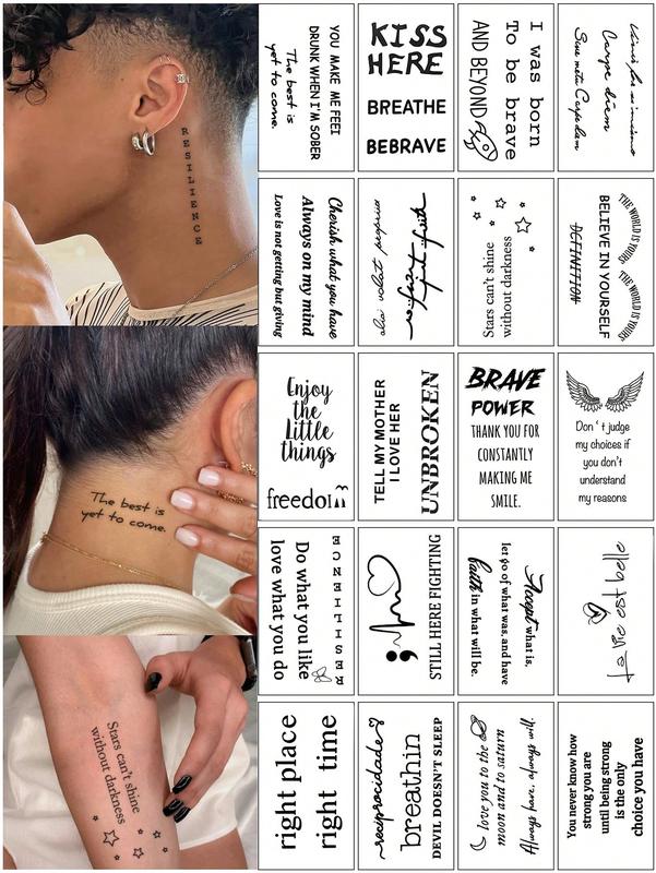 20pcs Waterproof Temporary Tattoo Stickers With English Alphabet Words, Sentences, And Quotes, For Men & Women, Can Be Used On Hands, Wrists, Collarbone, Fingers, Neck And Arms