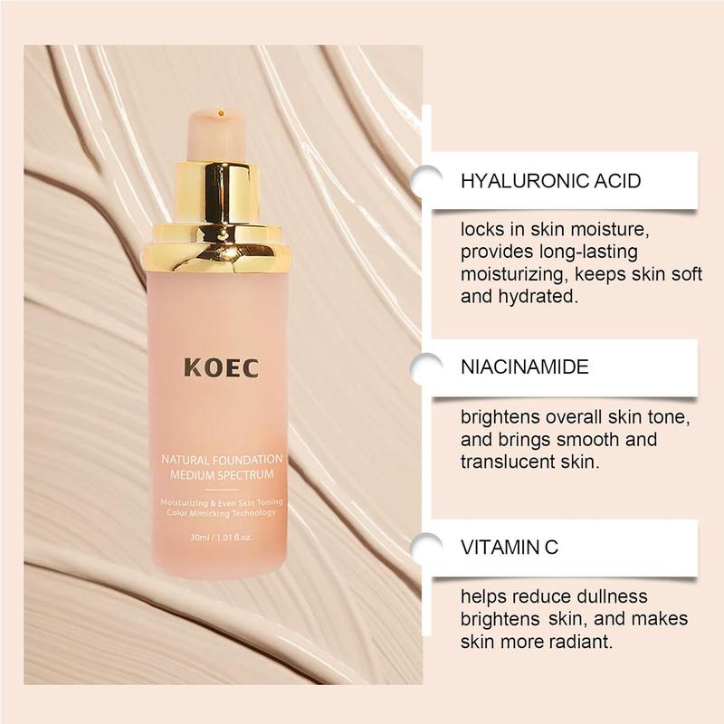 KOEC 4-in-1 Liquid Foundation for All Skin Types, Oil-Free Soft Matte Long-lasting Concealer Moisturizer with 24 Hour Coverage, Suitable for Any Skin Type