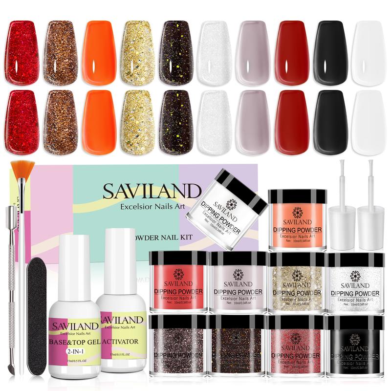 Saviland 14pcs Dip Nails Powder Starter Kit, 10 Colors Black Red Glitter Dip Powder Nail kit with 2-In-1 Base Top Coat Activator French Nail Art Manicure DIY Salon All-in-One Beginner Extension Kit Women Gift Set