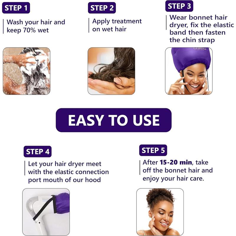 Bonnet Hair Dryer w A Headband Integrated That Reduces Heat Around Ears & Neck - Hair Dryer Diffuser Cap for Hair Dryer Curly Hair, Speeds Up Drying Time, Deep Conditioning at Home - Large (Purple)