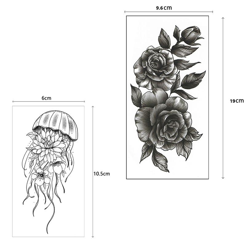 36 black realistic flower temporary tattoos for arms and thighs, 3D fake tattoos, realistic and long-lasting, temporary rose sketch moon snake peony flower tattoo stickers,