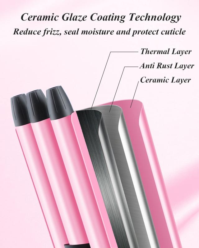 Mini Three Barrel Curling Iron, Small Curling Wand 1 2 Inch for Home and Travel, Ceramic Tourmaline Add Shine to Waves, Youuish Dual Voltage Hair Crimper, Pink