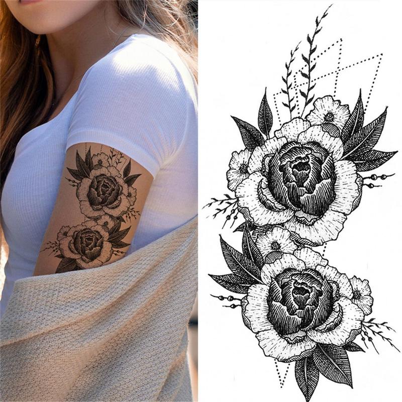 36 black realistic flower temporary tattoos for arms and thighs, 3D fake tattoos, realistic and long-lasting, temporary rose sketch moon snake peony flower tattoo stickers,