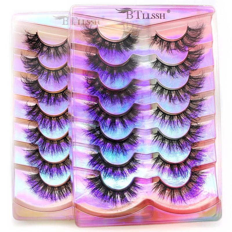 Fluffy False Eyelashes Cluster, 14 Pairs Wispy Cat Eye Look Faux Cluster Lashes, Natural Curling Eye Makeup Strip Lashes for Lashes Extensions