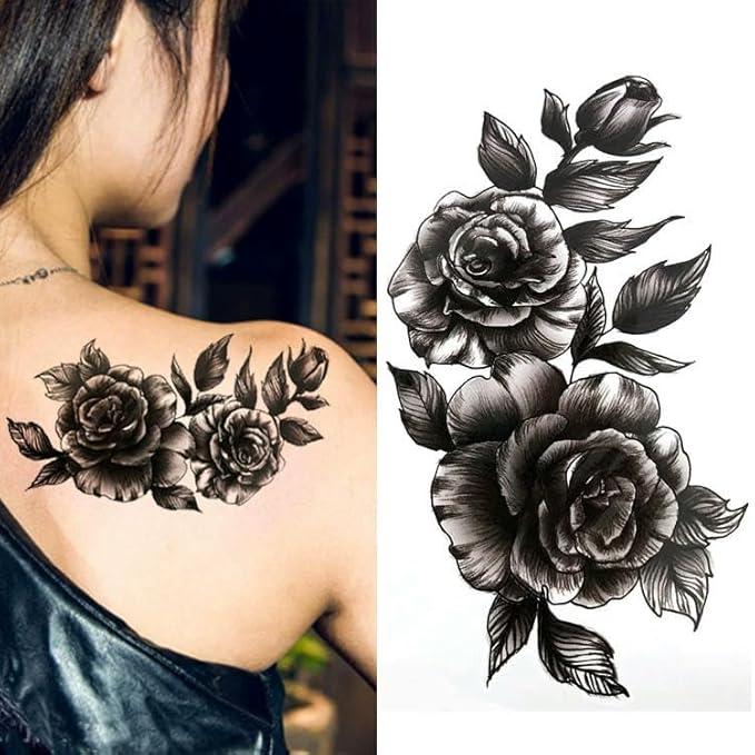 36 black realistic flower temporary tattoos for arms and thighs, 3D fake tattoos, realistic and long-lasting, temporary rose sketch moon snake peony flower tattoo stickers,