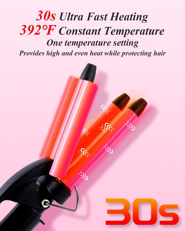 Mini Three Barrel Curling Iron, Small Curling Wand 1 2 Inch for Home and Travel, Ceramic Tourmaline Add Shine to Waves, Youuish Dual Voltage Hair Crimper, Pink