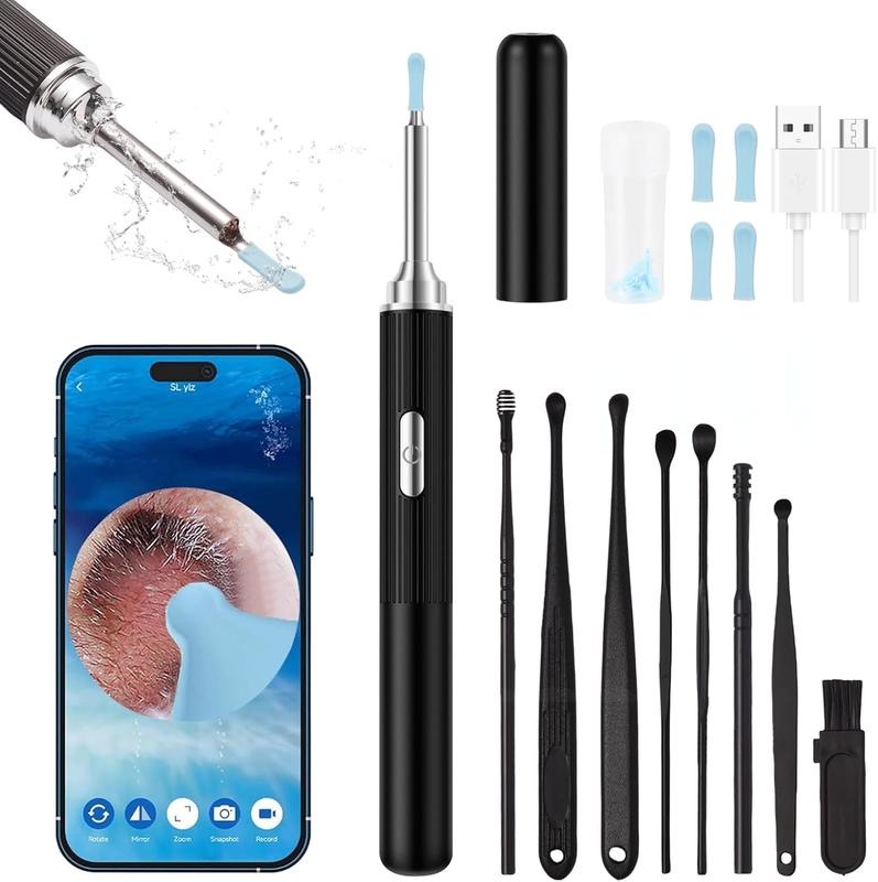 Ear Wax Removal, Earwax Remover Tool with 8 count Ear Set, Ear Cleaner with Camera, Earwax Removal Kit with Light, Ear Camera with 4 Ear Spoon, Ear Cleanning Kit for iOS & Android (Black)