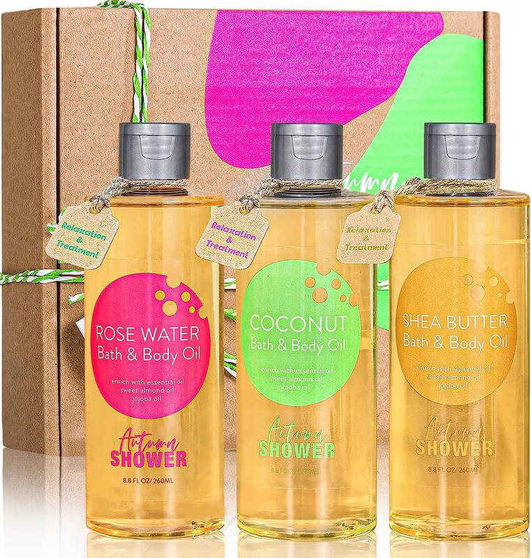 Bath and Body Oil, Pack of 3, Shower Oil with Sweet Almond Oil Jojoba Oil, Shea Butter & Rose Water & Coconut Bath Oils Multiuse Oil for Hair & Dry Skin 26.4 fl oz Body Care Moisturizing Comfort, Birthday Gift for Her Mom Wife Girlfriend