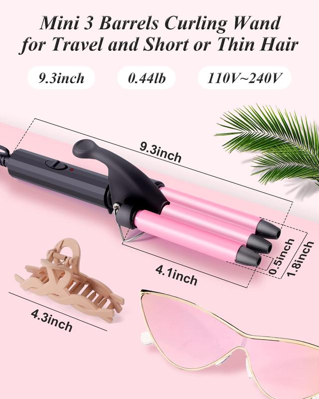 Mini Three Barrel Curling Iron, Small Curling Wand 1 2 Inch for Home and Travel, Ceramic Tourmaline Add Shine to Waves, Youuish Dual Voltage Hair Crimper, Pink