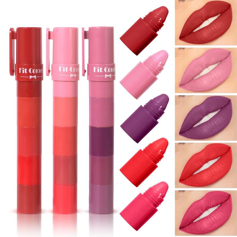 5-In-1 Long-lasting Matte Lipstick, 1 Box Moisturizing Lip Gloss, Suitable for All Occasions Lip Makeup, Girls and Women Makeup Accessories