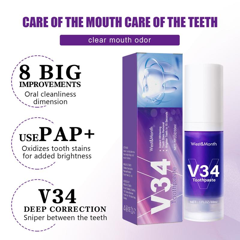 2024 V34 Purple Toothpaste, Whitening Teeth Clean Care Gums Fresh Breath Press Toothpaste Oral v34 colour white toothpaste