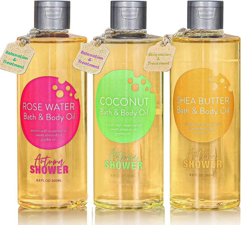 Bath and Body Oil, Pack of 3, Shower Oil with Sweet Almond Oil Jojoba Oil, Shea Butter & Rose Water & Coconut Bath Oils Multiuse Oil for Hair & Dry Skin 26.4 fl oz Body Care Moisturizing Comfort, Birthday Gift for Her Mom Wife Girlfriend